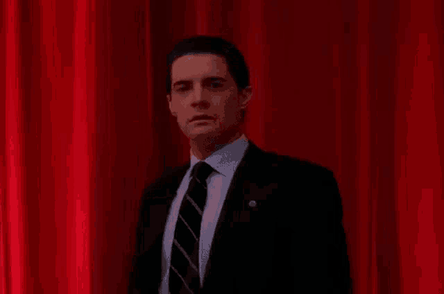 a man in a suit is standing in front of a red curtain .