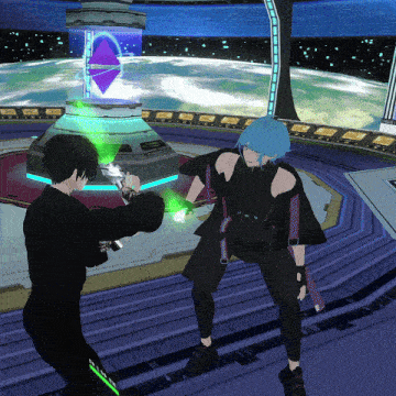 a man with blue hair stands next to another man in a video game
