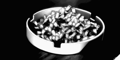 a black and white drawing of an ashtray filled with cigarette butts