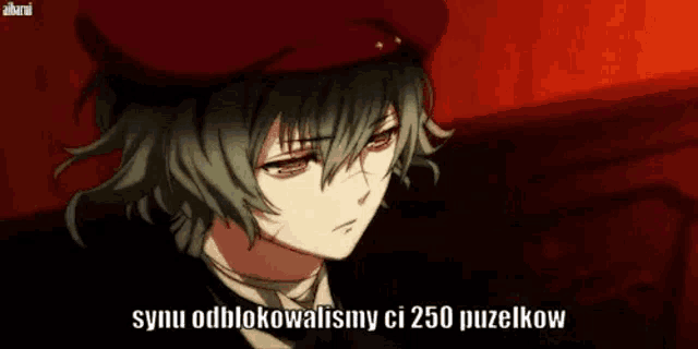 a boy with green hair is wearing a red hat and a black suit .