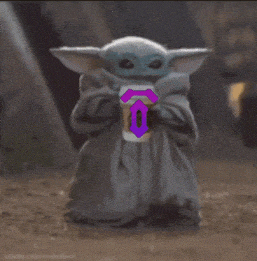 a baby yoda is holding a cup of coffee with a purple letter o on it