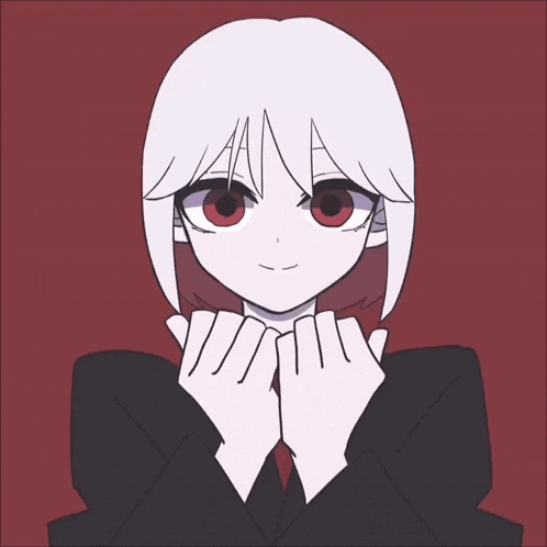 a drawing of a girl with white hair and red eyes covering her ears