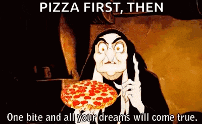 a cartoon witch is holding a pizza and talking on a phone .