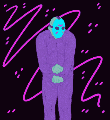 a cartoon drawing of jason voorhees in a purple suit and mask