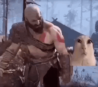 a man with a beard is standing next to a rabbit .