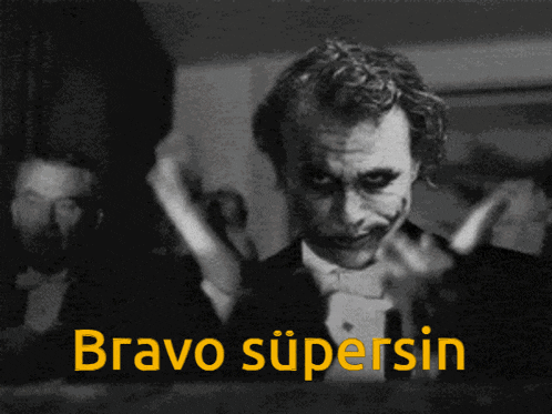 a black and white photo of the joker and the words bravo supersin in yellow