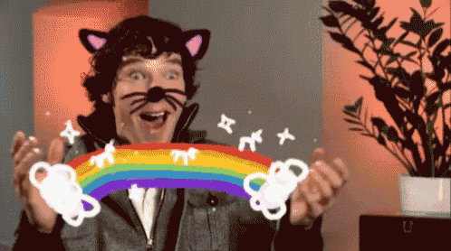 a man with cat ears on his face is holding a rainbow in his hands