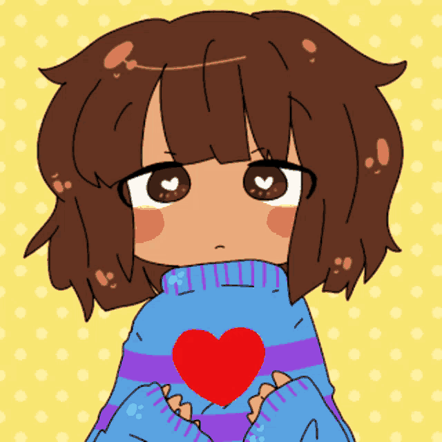 a drawing of a girl with brown hair and a blue sweater with a red heart on it