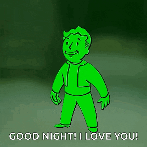 a green cartoon character is pointing at the camera and saying `` good night ! i love you ! ''