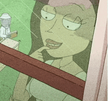 a cartoon of a woman looking out of a window with a beekeeper in the background