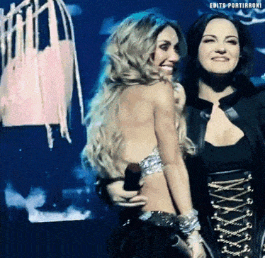 two women standing next to each other with the words edits portirroni below them