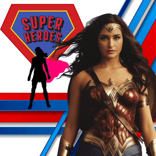 a woman in a wonder woman costume is standing in front of a super heroes sign