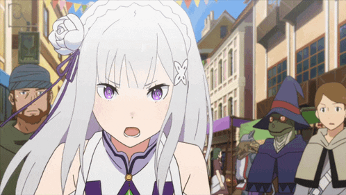a girl with white hair and purple eyes stands in front of a crowd