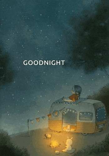 an illustration of a girl laying on the roof of a camper with the words goodnight below her