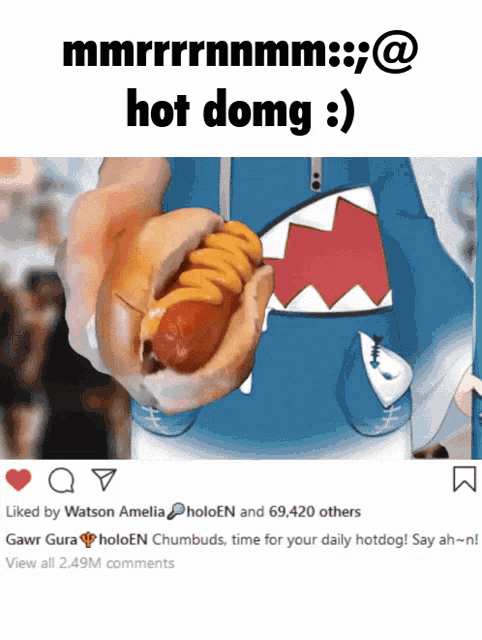 a shark holding a hot dog with the words hot domg written on it