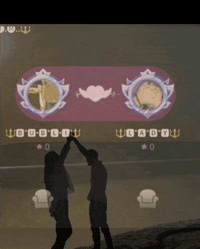 a couple kissing in front of a screen that says " bubble lady "