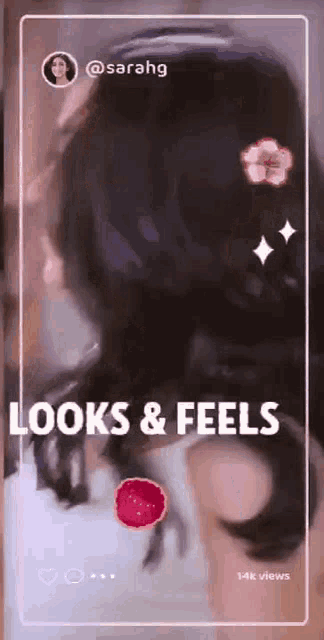 a screenshot of a woman 's hair with the caption looks and feels