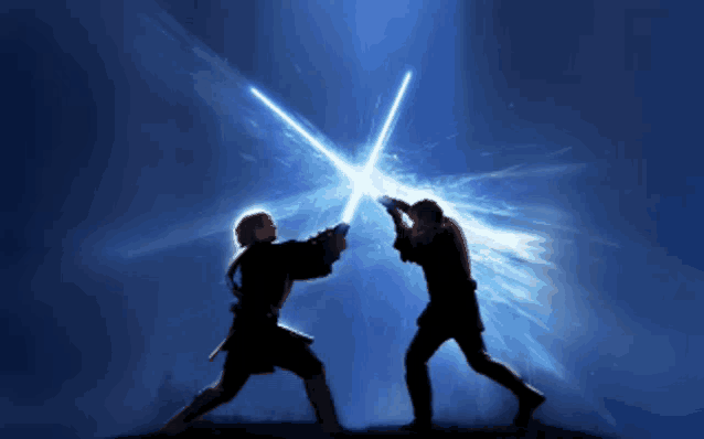 two men fighting with lightsabers in a dark room