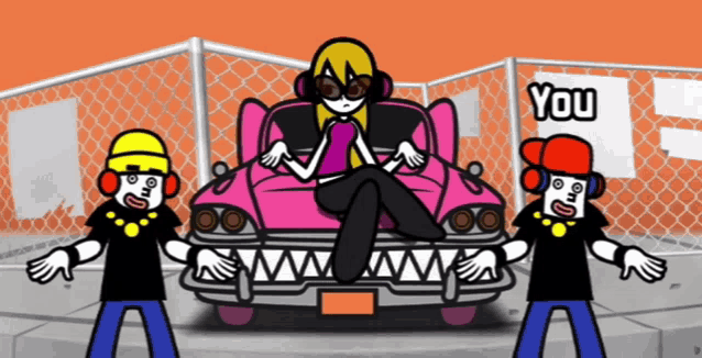 a cartoon of a girl sitting in a pink car surrounded by two boys and a sign that says ' you '