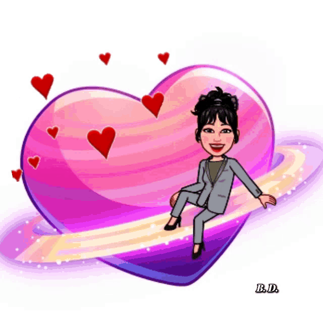 a cartoon of a woman sitting on a heart surrounded by hearts