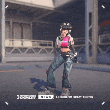 a video game character with overwatch cavalry on the bottom right