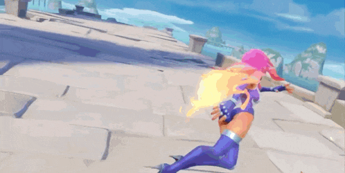 a woman in a purple and pink costume is holding a fireball in her hand