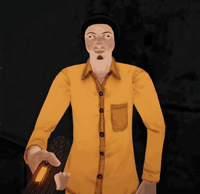 a man in a yellow shirt is holding a light in his hand