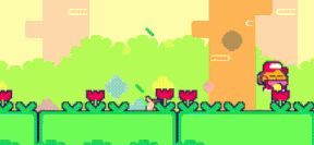 a pixel art of a person standing in a garden