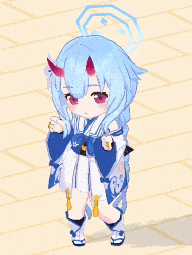 a little girl with blue hair and red eyes is wearing a kimono