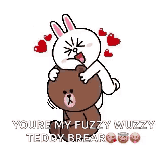 a brown bear and a white rabbit are hugging each other with hearts in the background .