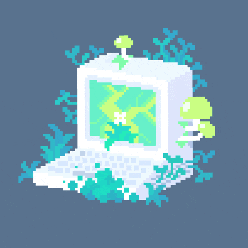 a pixel art illustration of a computer with a green screen