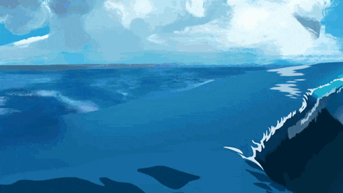a painting of a body of water with a cloudy sky