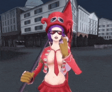 a naked woman in a red outfit holds a flag