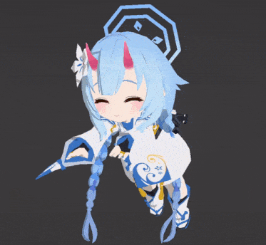 a girl with blue hair and red horns is wearing a white and blue outfit