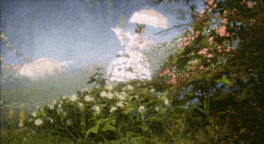 a woman in a white dress holding an umbrella in a field of flowers