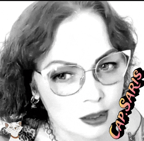 a black and white photo of a woman wearing glasses with a cat behind her that says cap saris
