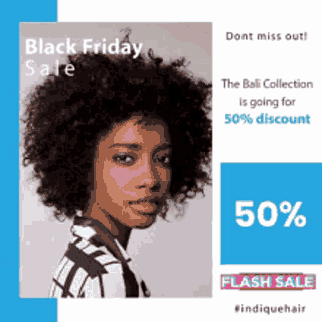 a woman with curly hair is on a black friday sale