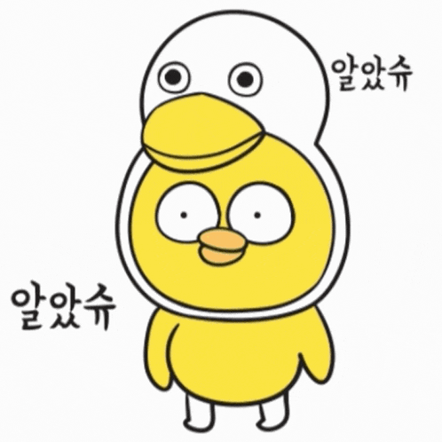 a cartoon of a yellow duck and a white duck with korean writing on it