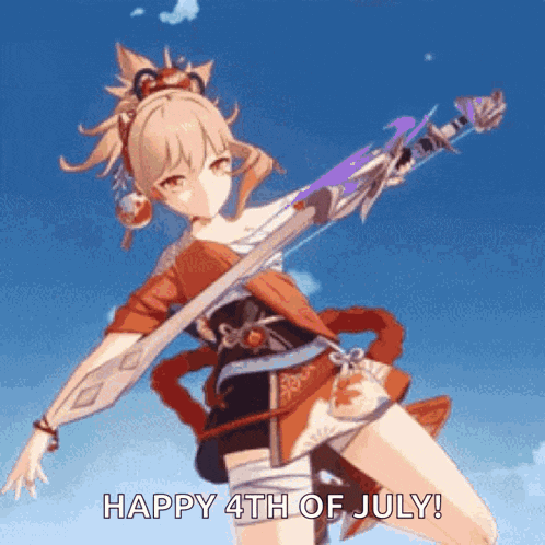 a girl from a video game is holding a sword and says `` happy 4th of july ! ''