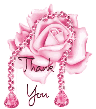 a pink rose is surrounded by pink beads and the words thank you are written below it