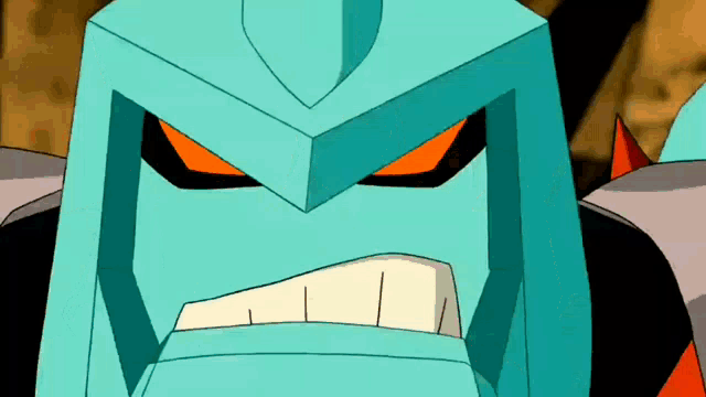 a close up of a cartoon character 's face with red eyes