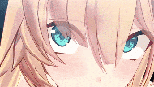 a close up of a blonde anime girl 's eyes with blue irises