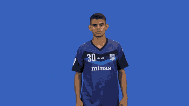 a man wearing a blue shirt with the number 30 minas on it