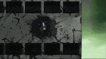 a purple lightning bolt is coming out of a hole in the wall .