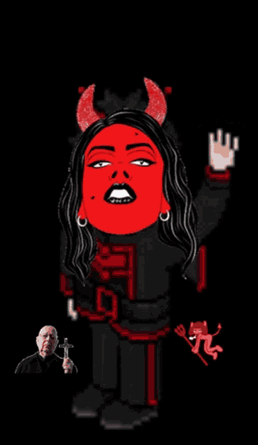 a cartoon of a woman with red horns and the word begone on the bottom right