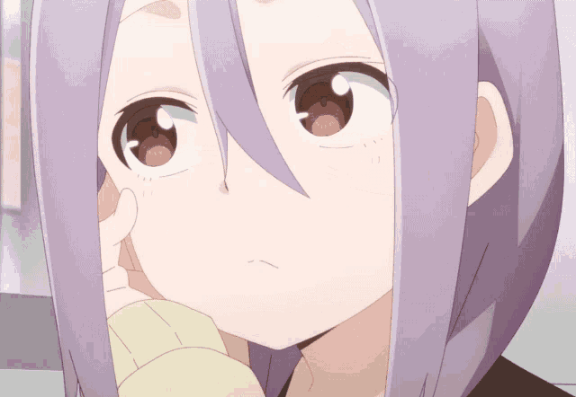 a close up of a girl with purple hair and white eyes