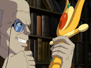 a cartoon character is holding a sword in front of a book shelf