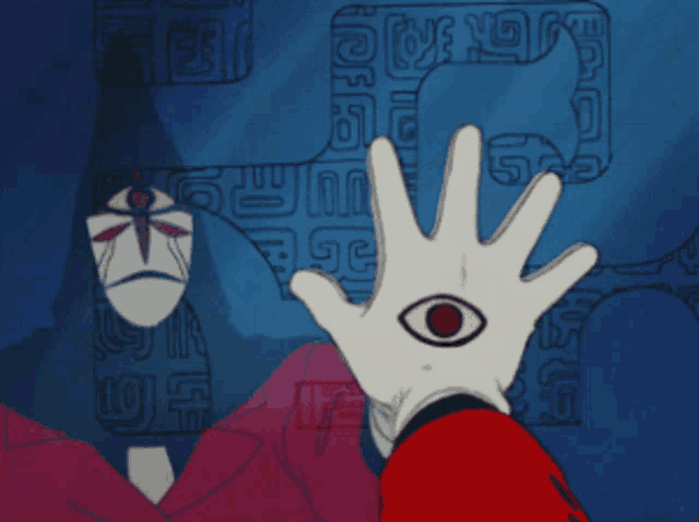 a hand with a red eye is reaching out towards a person