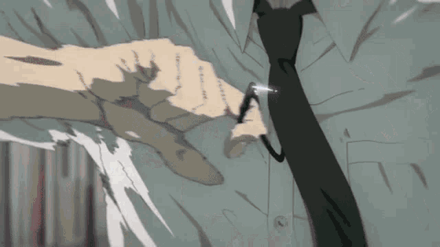 a man in a suit and tie is being attacked by another man 's hand .