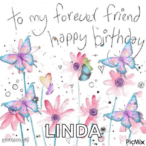 a birthday card with flowers and butterflies and the name linda